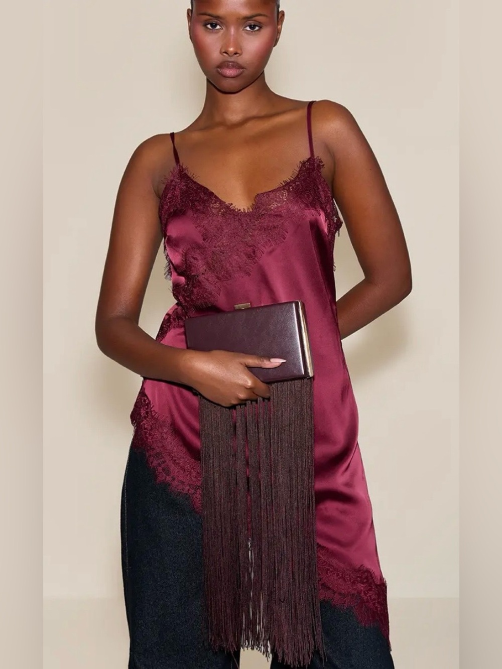 Pretty Little Thing PLUM FAUX LEATHER FRINGE TASSEL HARD CLUTCH